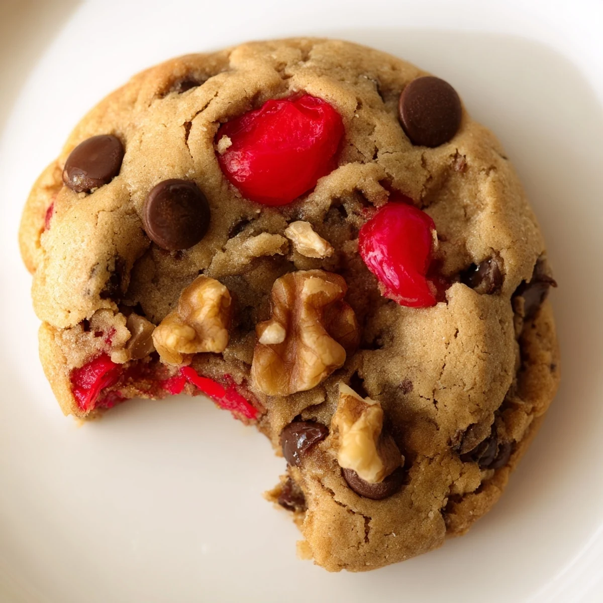 Plate of chewy maraschino cherry chocolate chip cookies with bright red cherry pieces throughout