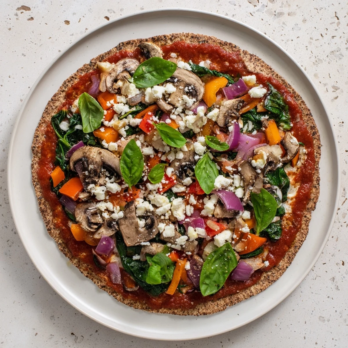 Golden whole wheat low cholesterol pita pizza topped with colorful vegetables and melted cheese