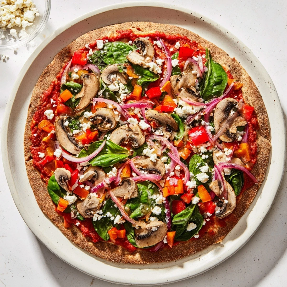 Heart-friendly low cholesterol pita pizza featuring crisp vegetables and light feta garnish on baking sheet
