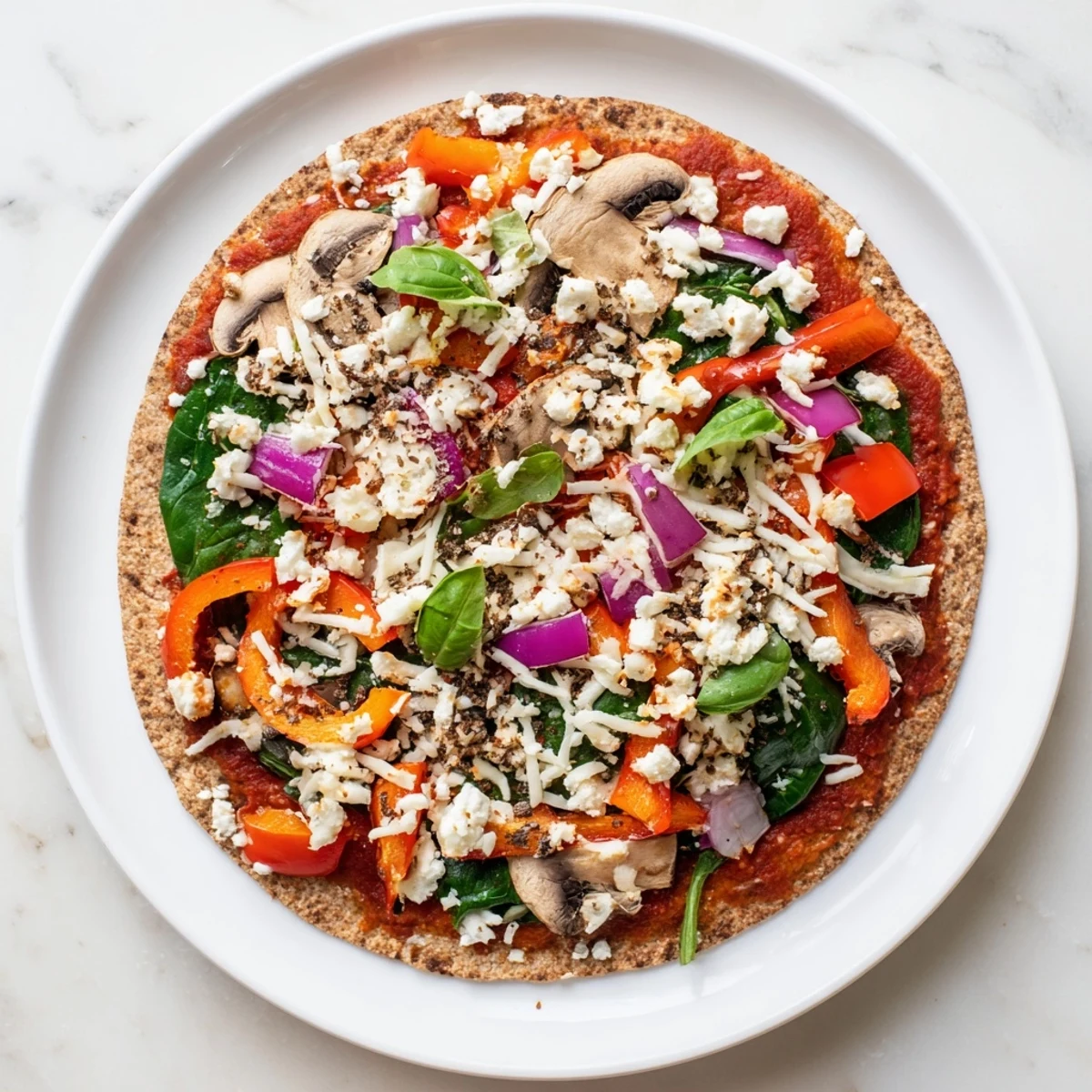 Mediterranean-style low cholesterol pita pizza baked with fresh bell peppers tomatoes and part-skim mozzarella