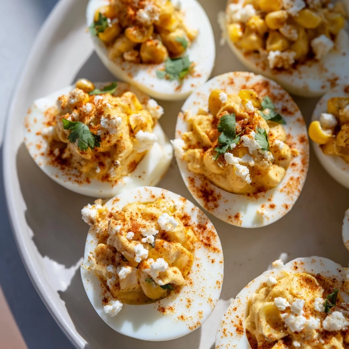 Golden Mexican Street Corn Deviled Eggs topped with crumbled cotija cheese and fresh cilantro