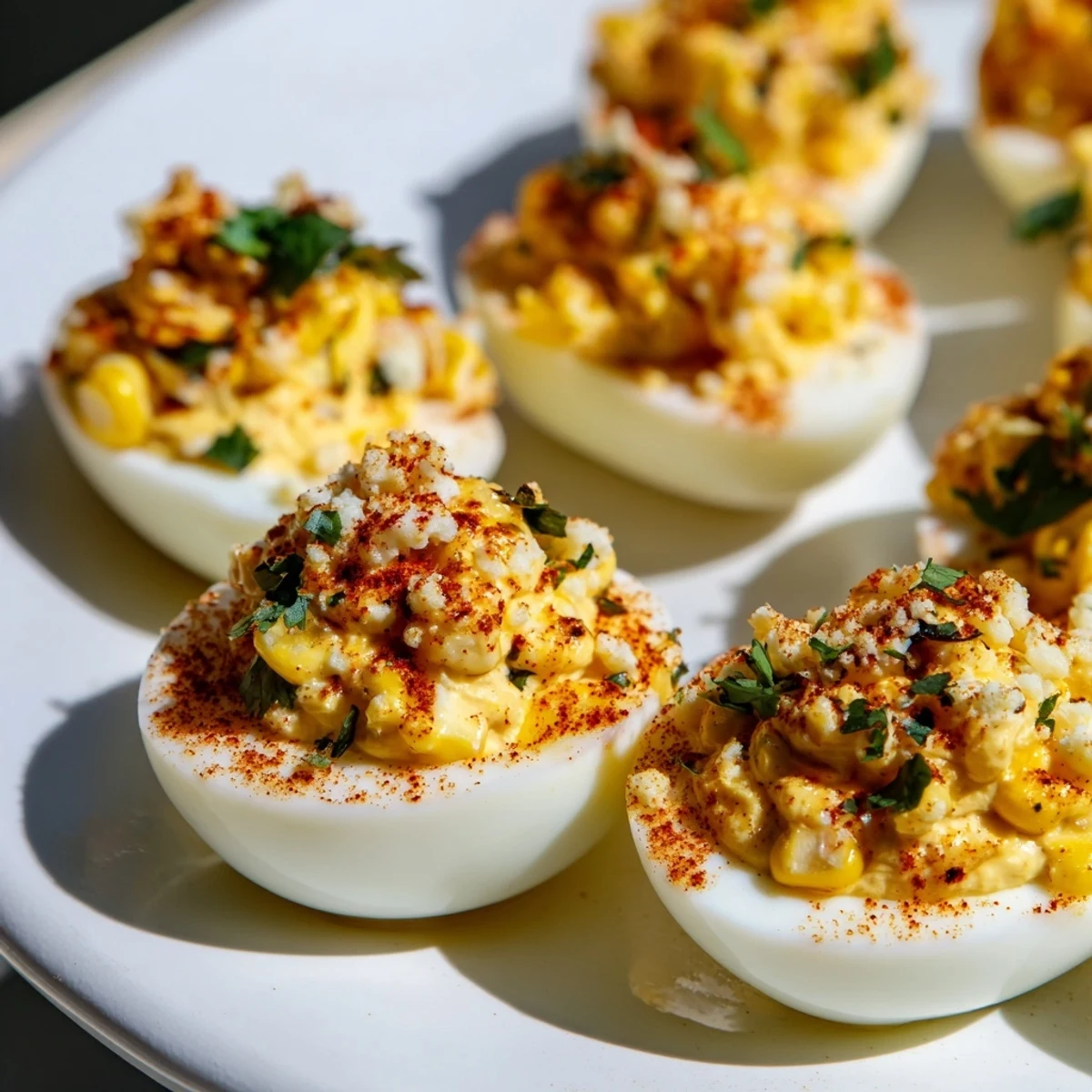 Charred corn stuffed Mexican Street Corn Deviled Eggs sprinkled with cotija and chopped cilantro