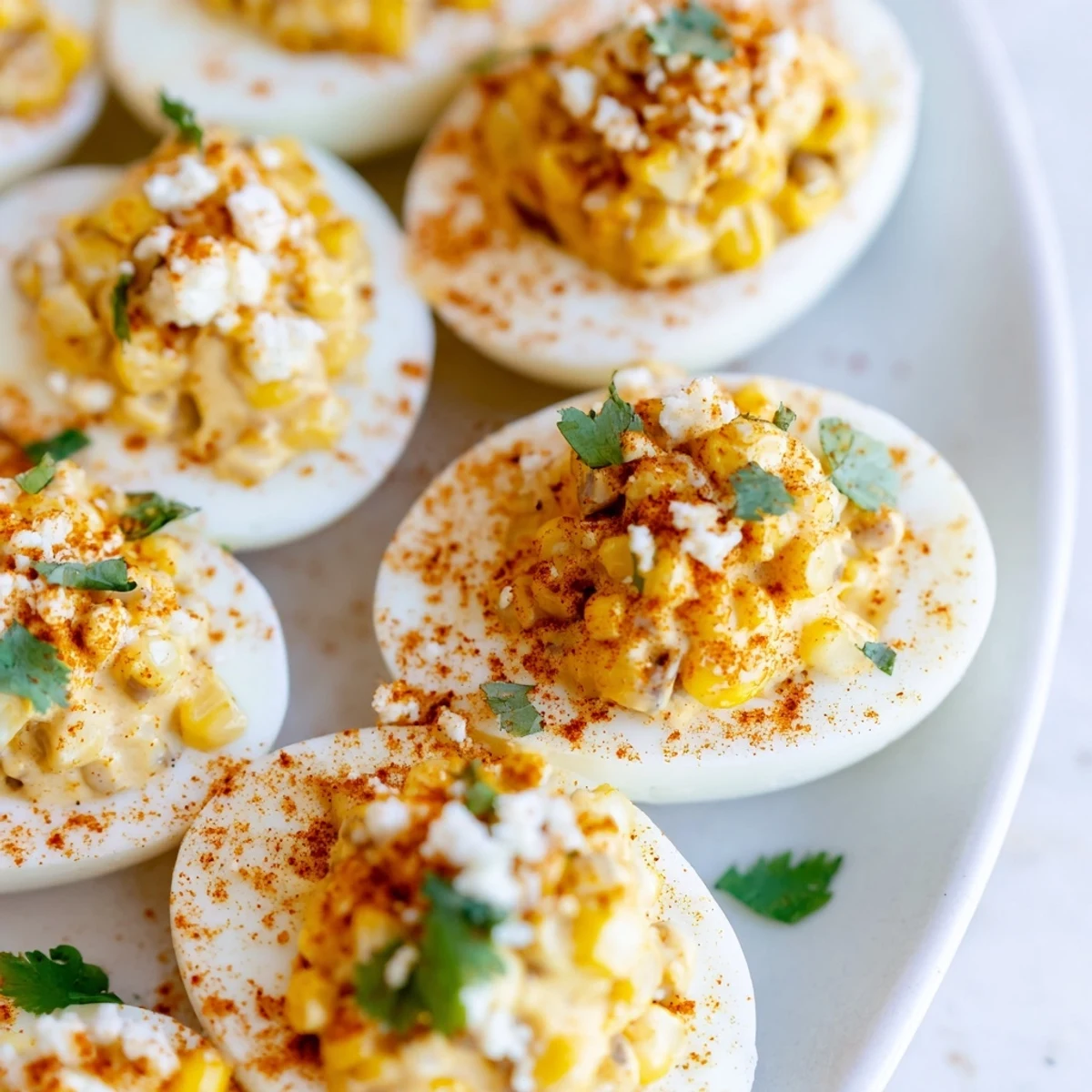 Creamy Mexican Street Corn Deviled Eggs garnished with chili powder and bright lime wedges
