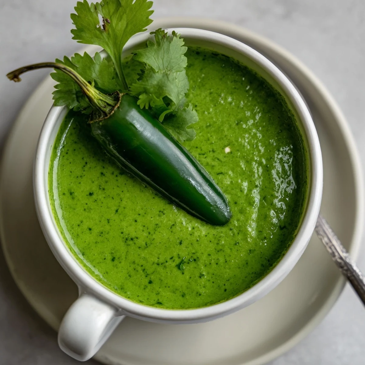 Creamy Peruvian green sauce aji verde served in a white bowl with fresh cilantro garnish