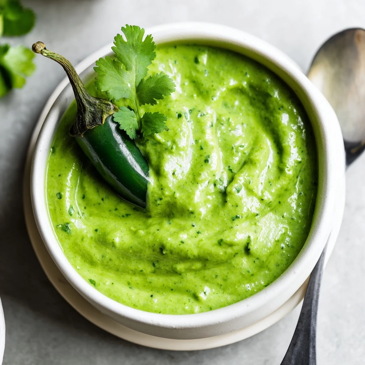 Thick and spicy Peruvian green sauce aji verde in a glass jar with dipping spoon