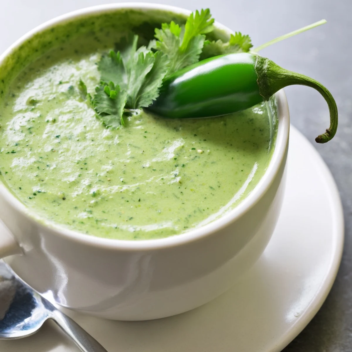 Vibrant Peruvian green sauce aji verde drizzled generously over grilled chicken and roasted vegetables