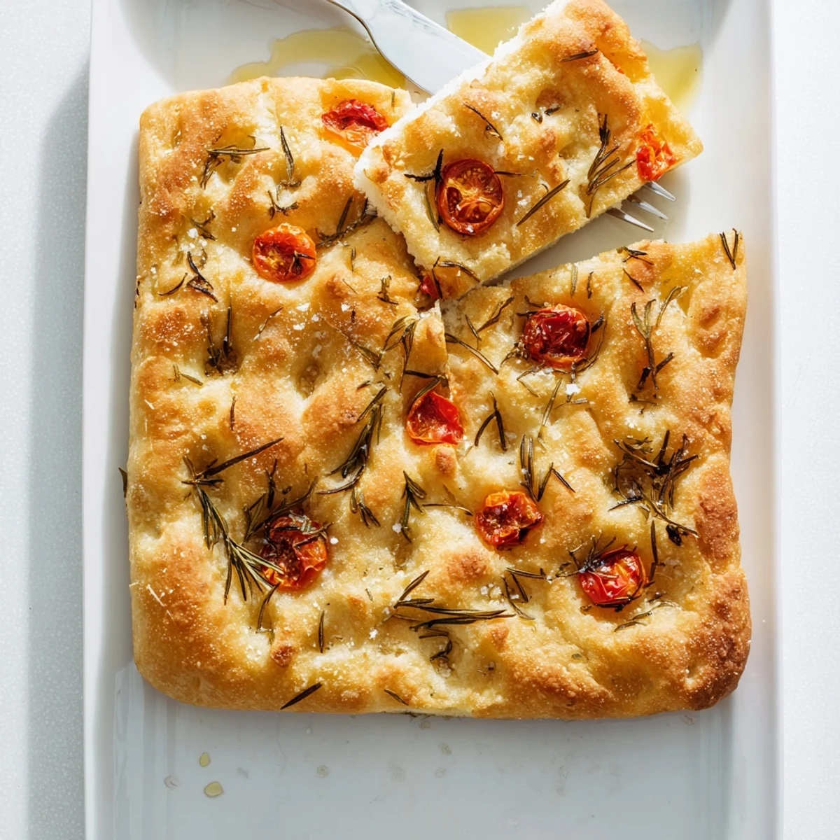 Golden homemade focaccia bread dimpled with olive oil and topped with fresh rosemary and sea salt