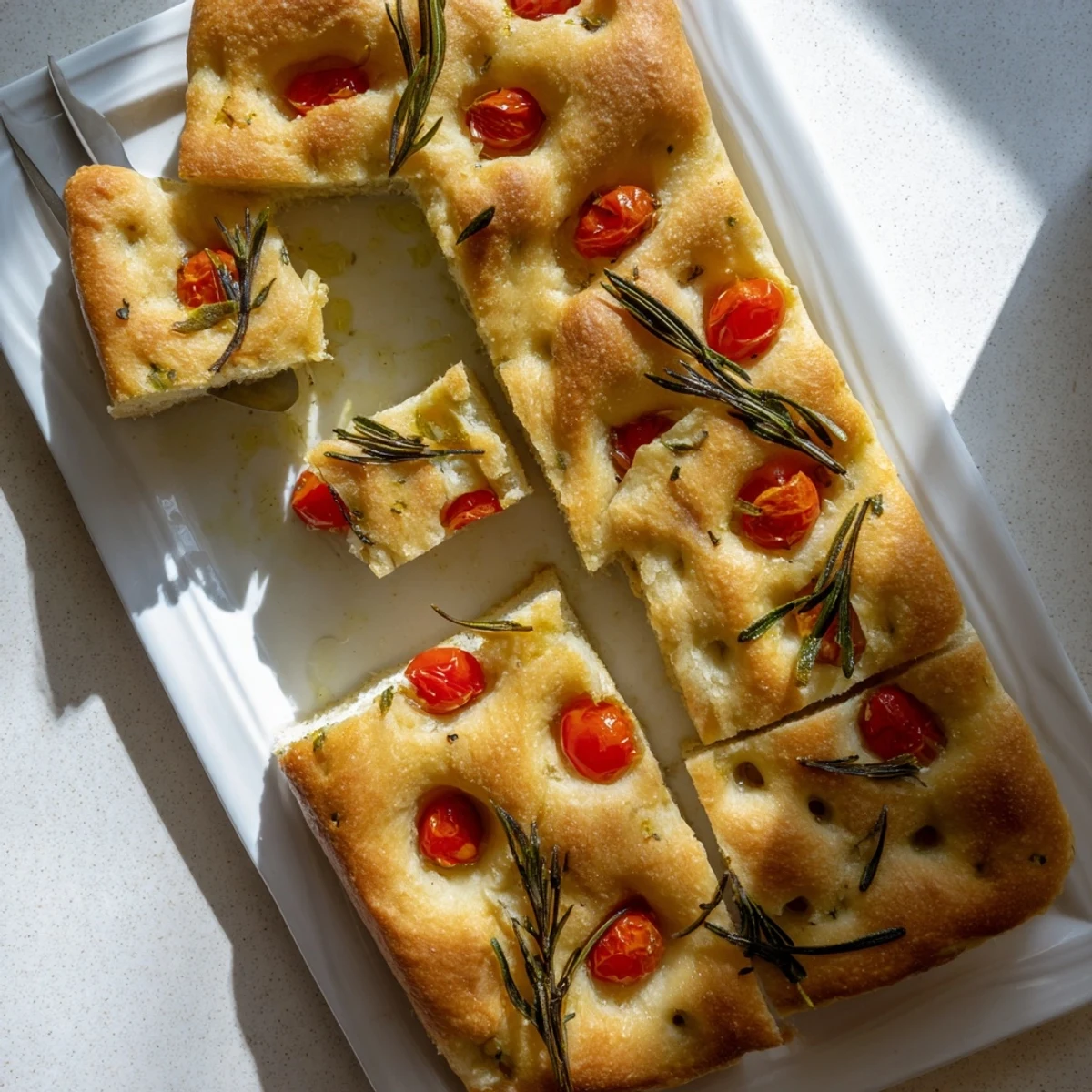 Italian focaccia flatbread with crisp golden crust and soft airy interior, sprinkled with flaky salt and herbs