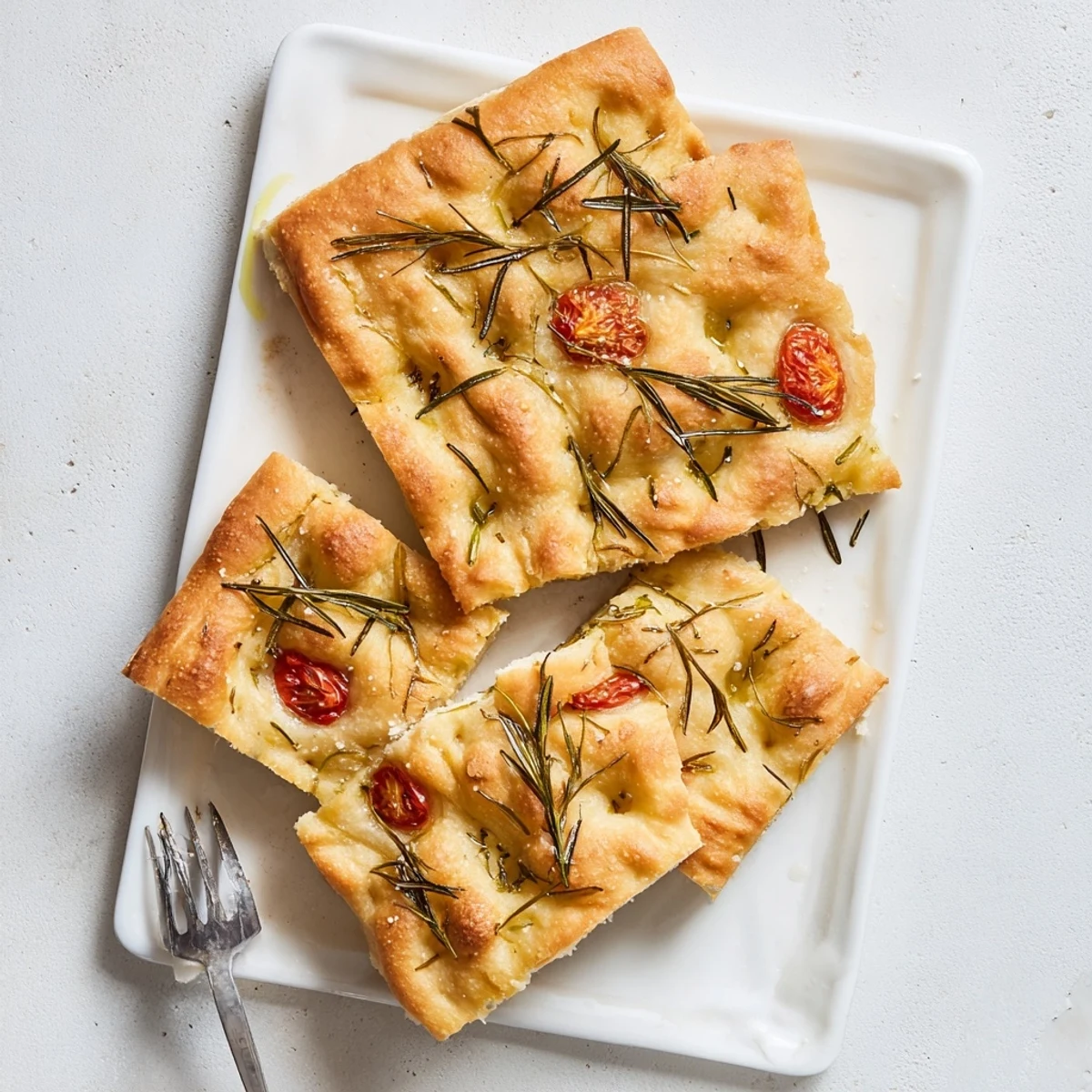 Rustic rosemary focaccia fresh from the oven, glistening with olive oil and fragrant herb topping