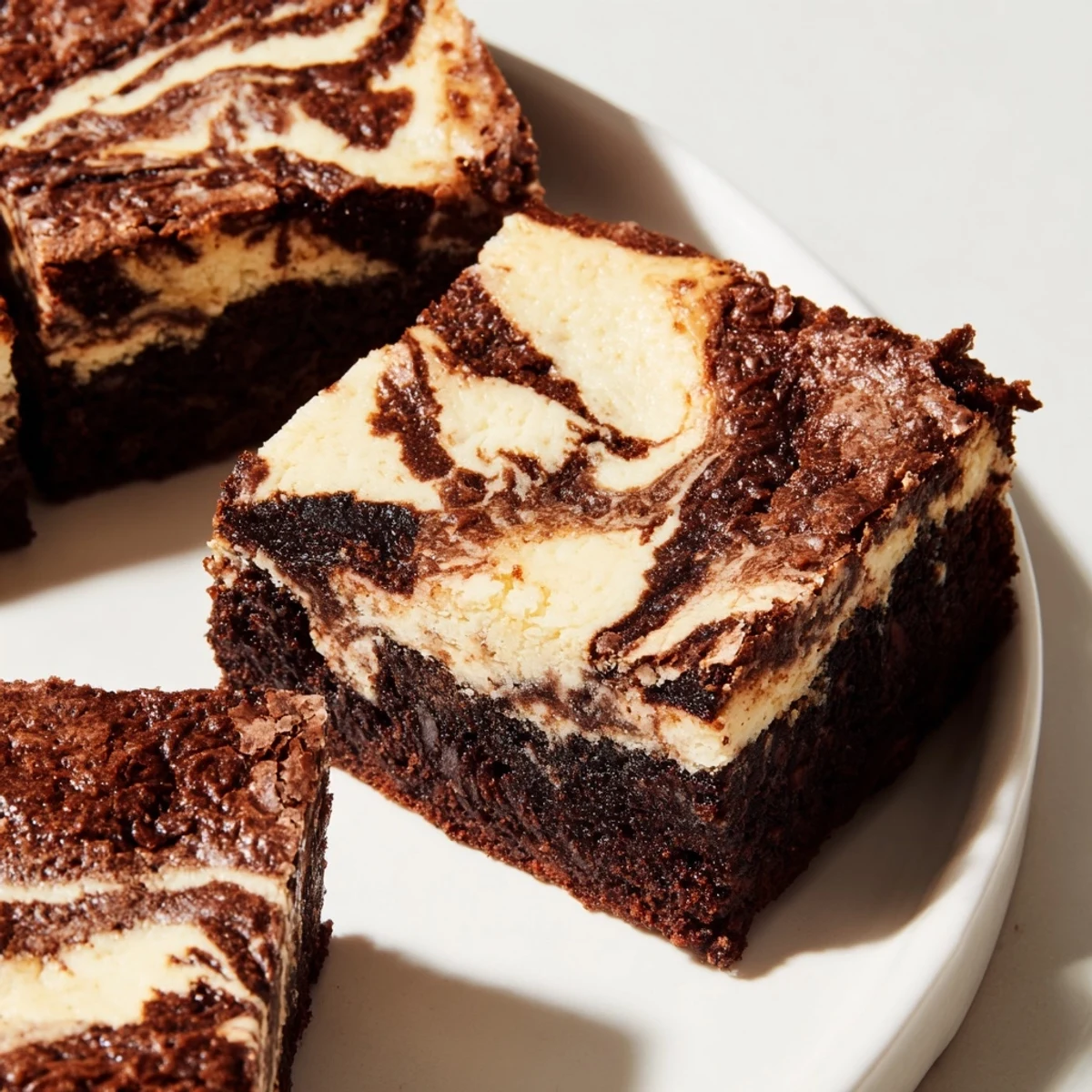 Sourdough cheesecake brownie bars with swirled cream cheese layer on a white plate