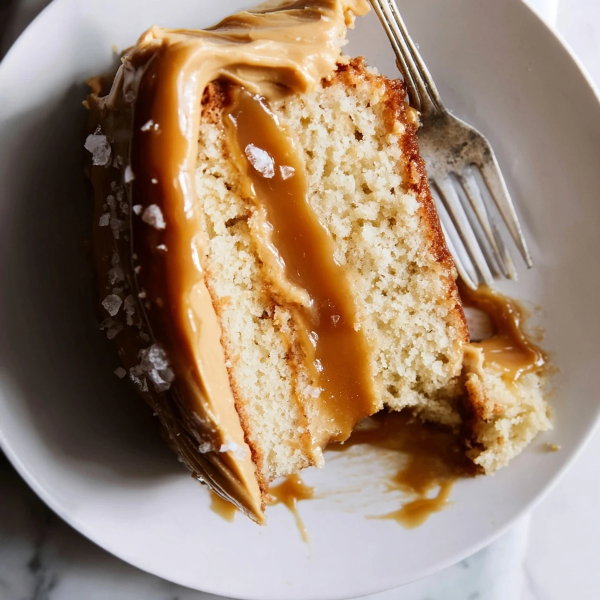Moist salted caramel brown butter banana cake with luscious caramel frosting and golden drizzle