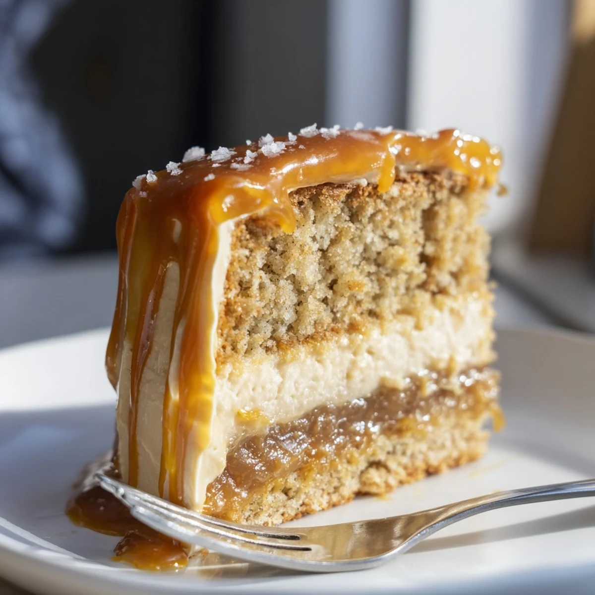 Slice of salted caramel brown butter banana cake showing tender crumb with rich caramel sauce dripping