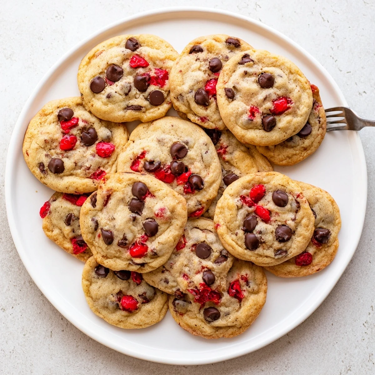 Golden maraschino cherry chocolate chip cookies fresh from the oven with melty chips