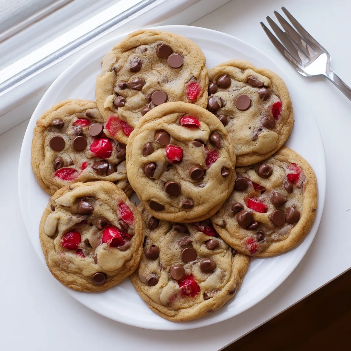 Soft baked maraschino cherry chocolate chip cookies stacked on a white serving plate