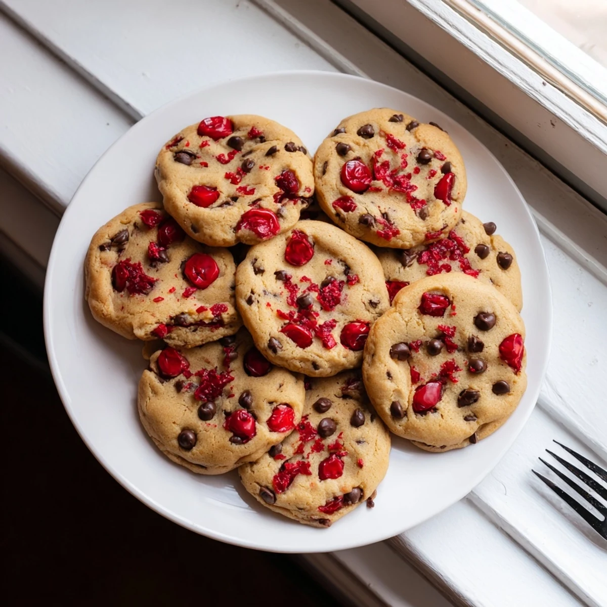 Chewy maraschino cherry chocolate chip cookies dotted with bright red cherries and dark chocolate