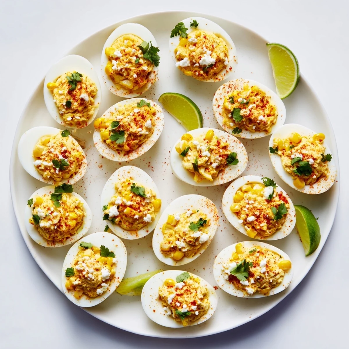 Golden Mexican Street Corn Deviled Eggs topped with crumbly cotija cheese and fresh cilantro garnish