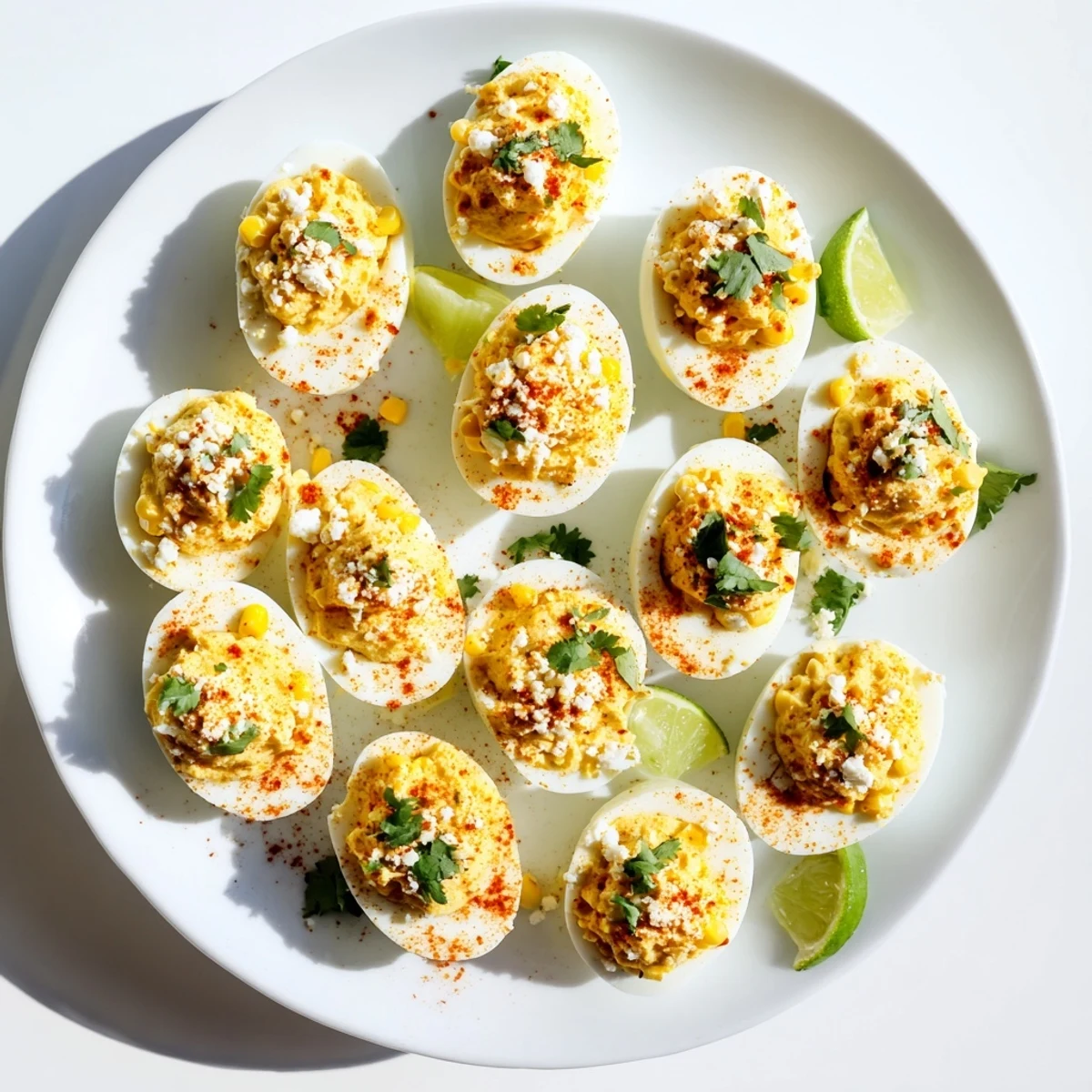 Creamy Mexican Street Corn Deviled Eggs filled with sweet corn and zesty lime on a white platter