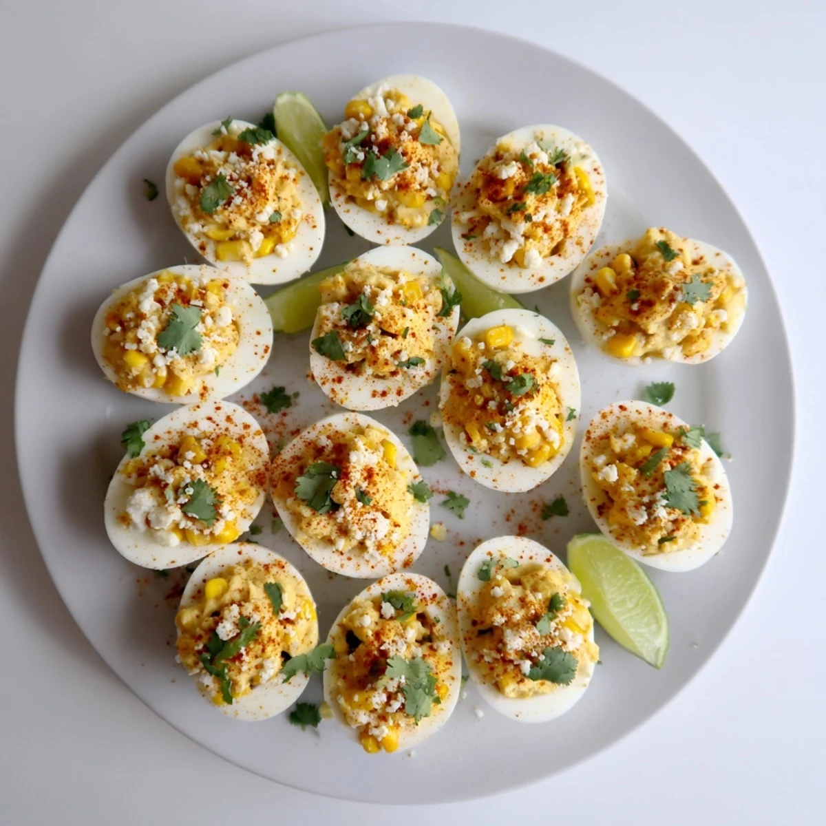 Party ready Mexican Street Corn Deviled Eggs sprinkled with chili powder and served with lime wedges