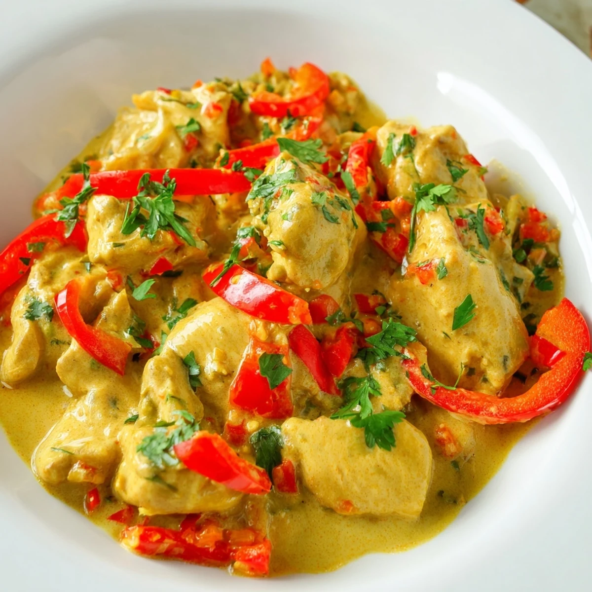 Golden coconut chicken simmered in a rich, spiced sauce with red pepper and fresh cilantro garnish