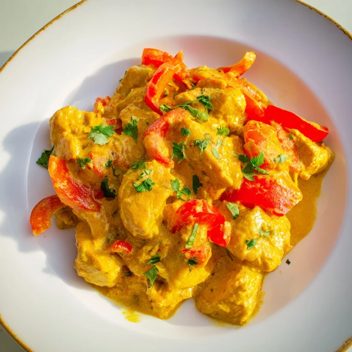 Tender chicken pieces swimming in a vibrant yellow coconut milk broth with diced vegetables