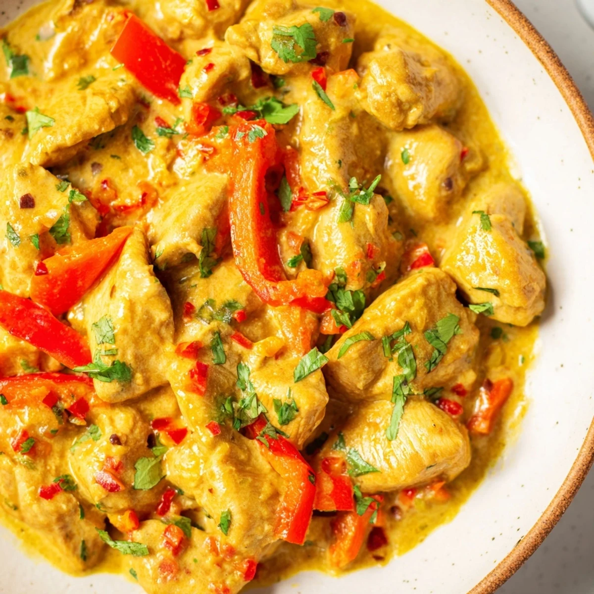 Creamy spicy Brazilian coconut chicken served over white rice with lime wedges and extra herbs
