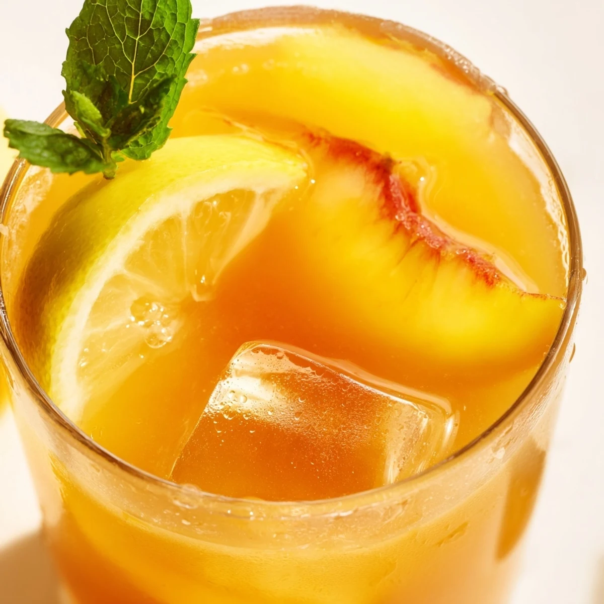 Fresh peach lemonade drink garnished with peach slices and lemon wheels on ice