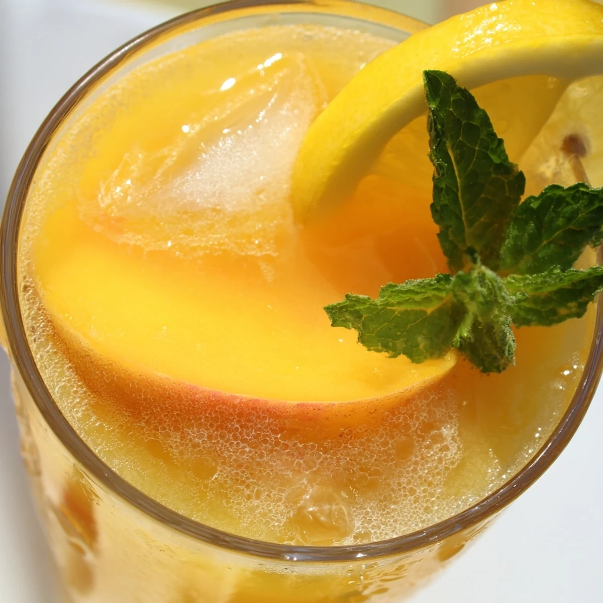 Refreshing fresh peach lemonade drink poured over ice with mint and citrus
