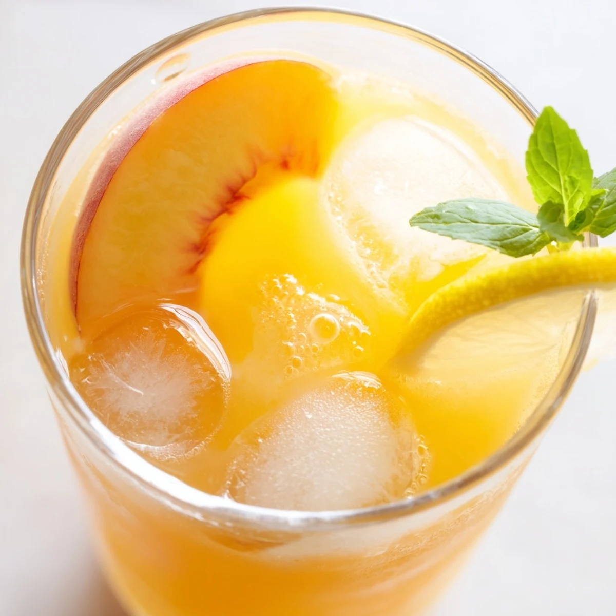 Golden peach lemonade drink in a glass pitcher with floating fruit garnishes