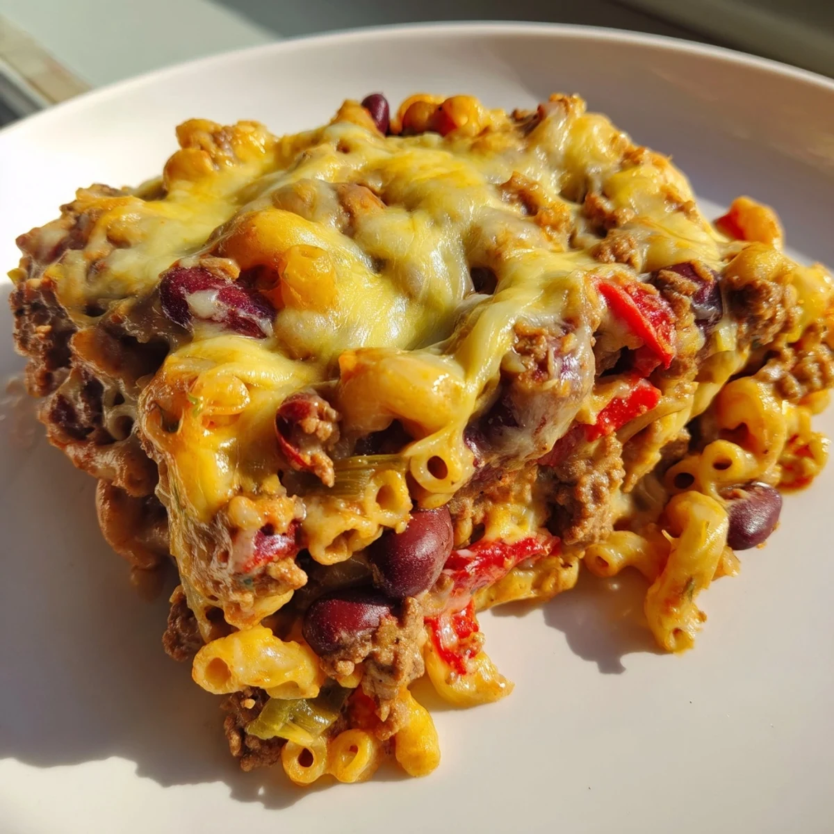 Bubbling skillet of chili mac and cheese featuring melted cheese topping with kidney beans and ground beef