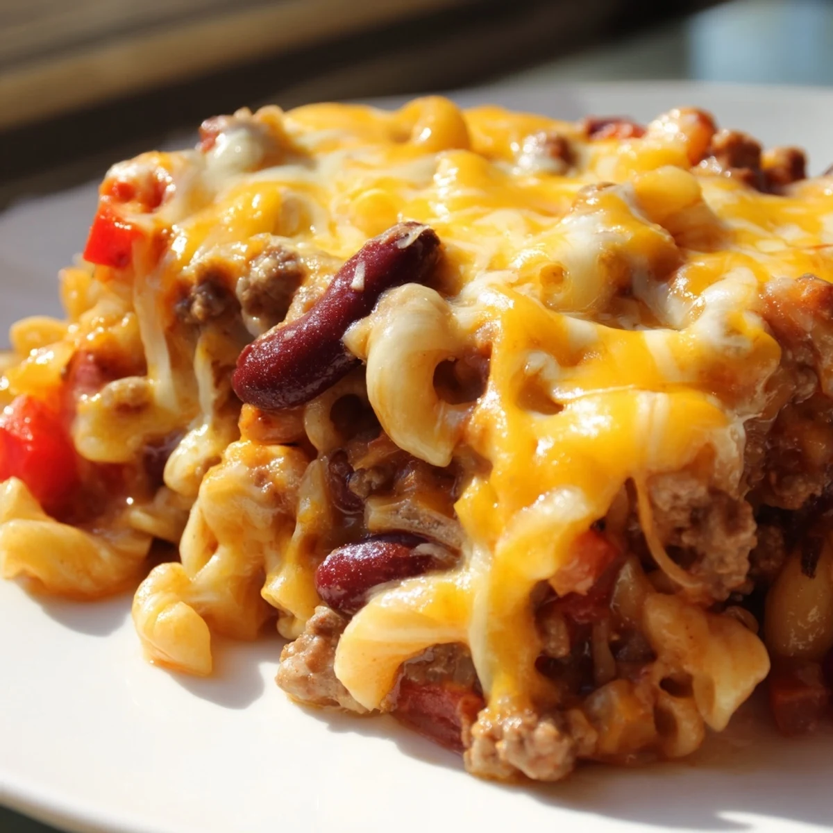 Creamy baked chili mac and cheese casserole with golden mozzarella and savory seasoned beef pasta