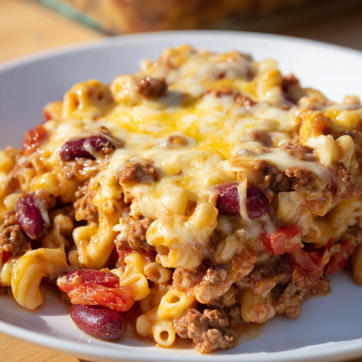 Hearty chili mac and cheese bowl showcasing cheesy elbow macaroni mixed with spiced ground beef and tomatoes