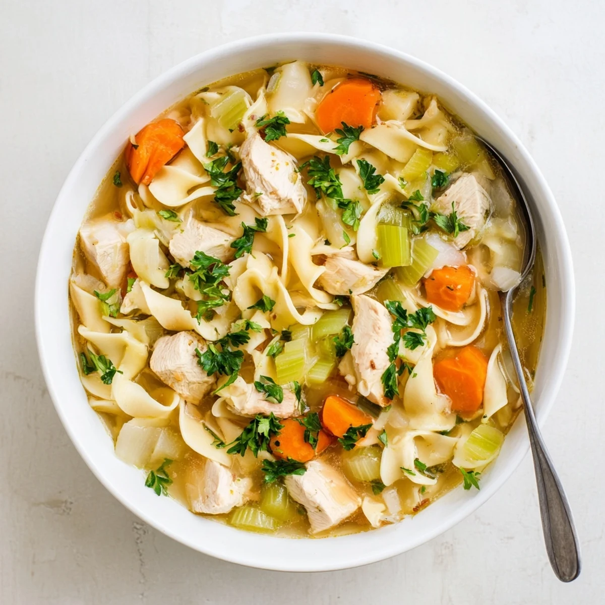 Golden one pot chicken and noodles simmered in savory broth with tender vegetables and fresh parsley garnish