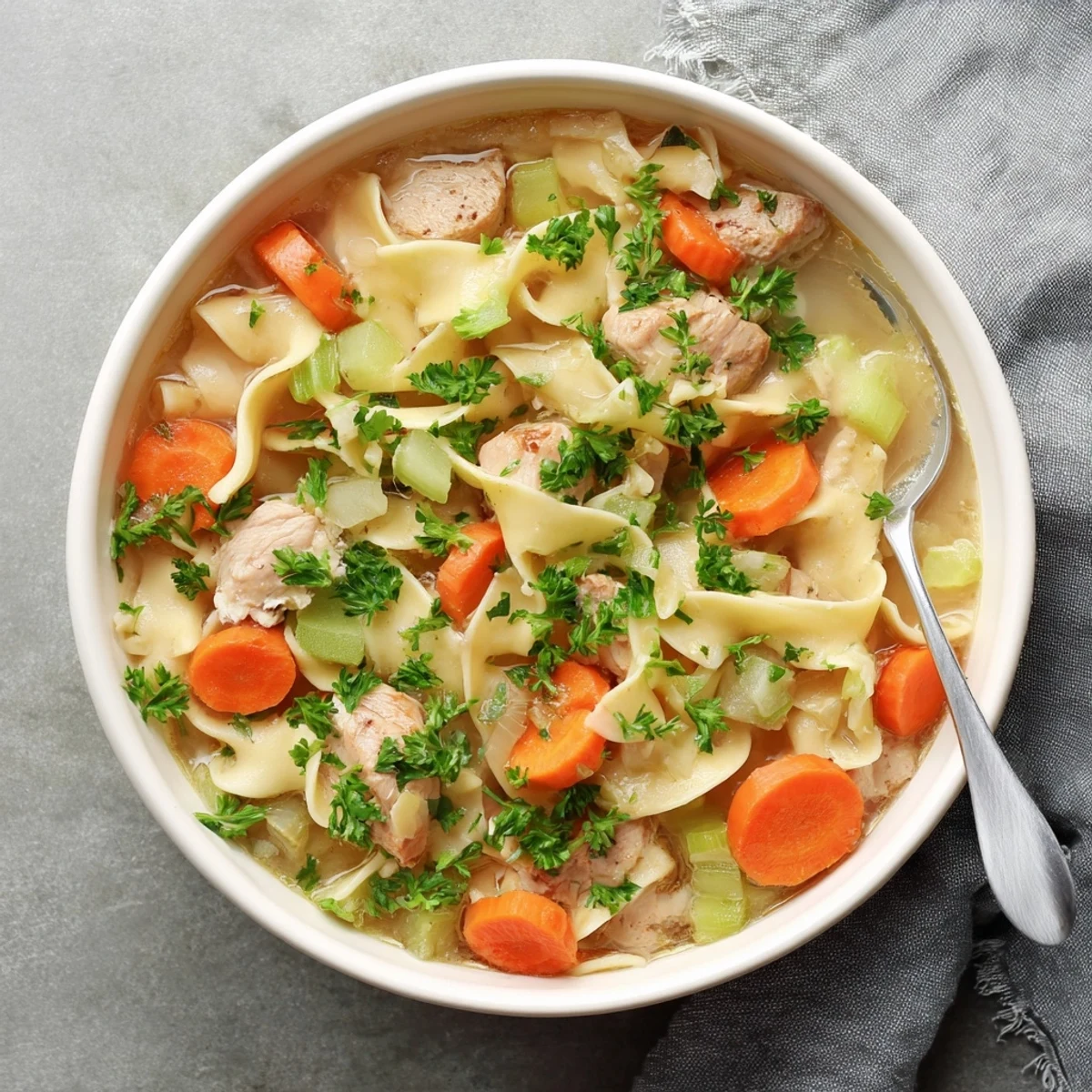 Hearty one pot chicken and noodles bowl loaded with bite-sized chicken, wide noodles, and aromatic herbs