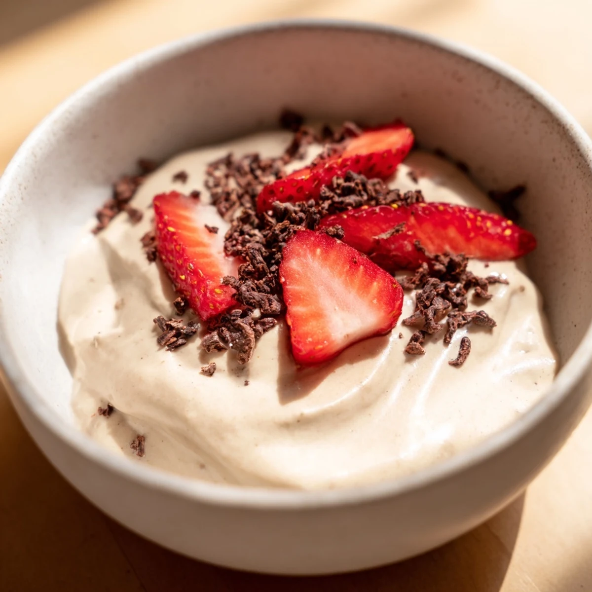 Vegan healthy nice cream served in a chilled glass with sliced banana garnish