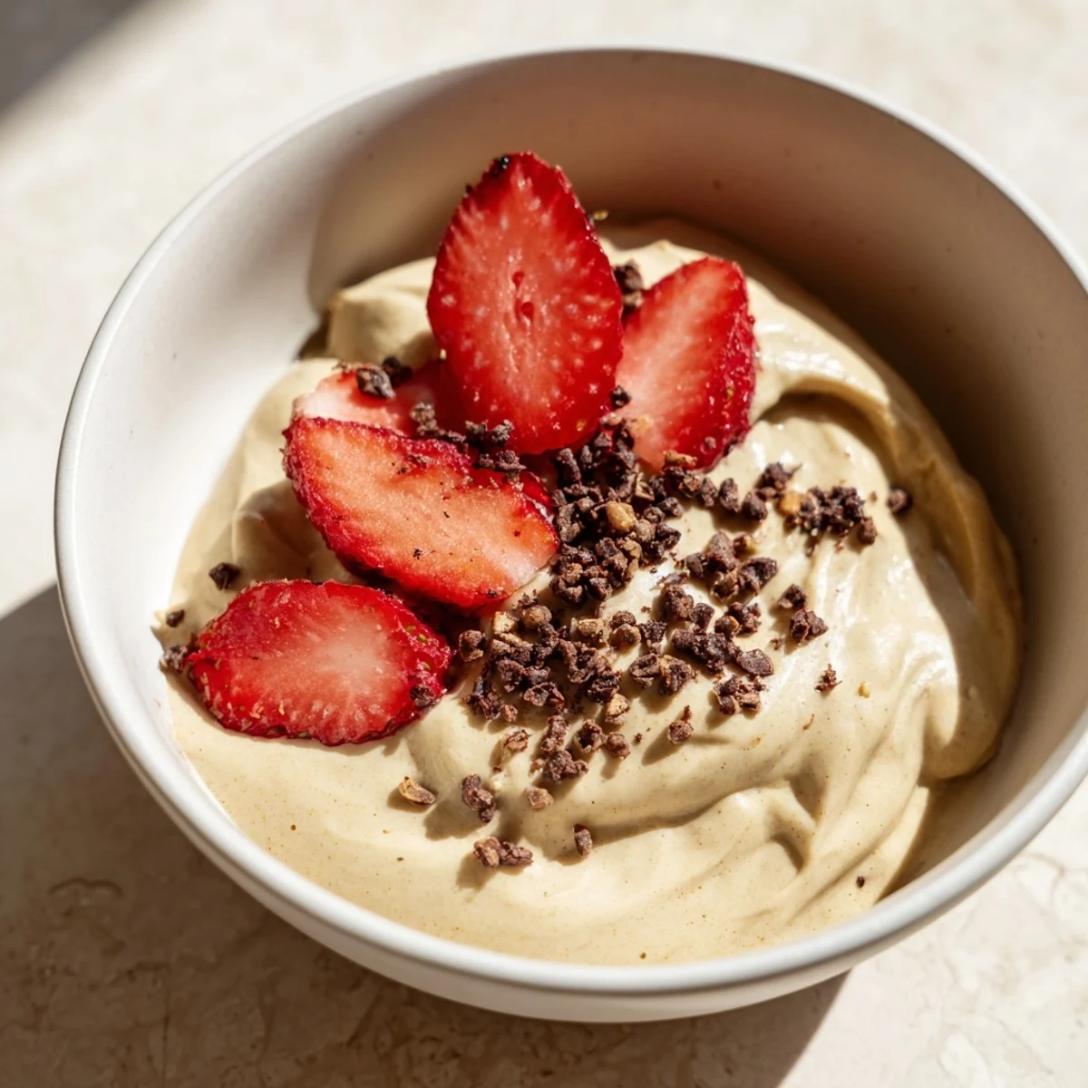 Creamy healthy nice cream bowl topped with fresh berries and chopped nuts