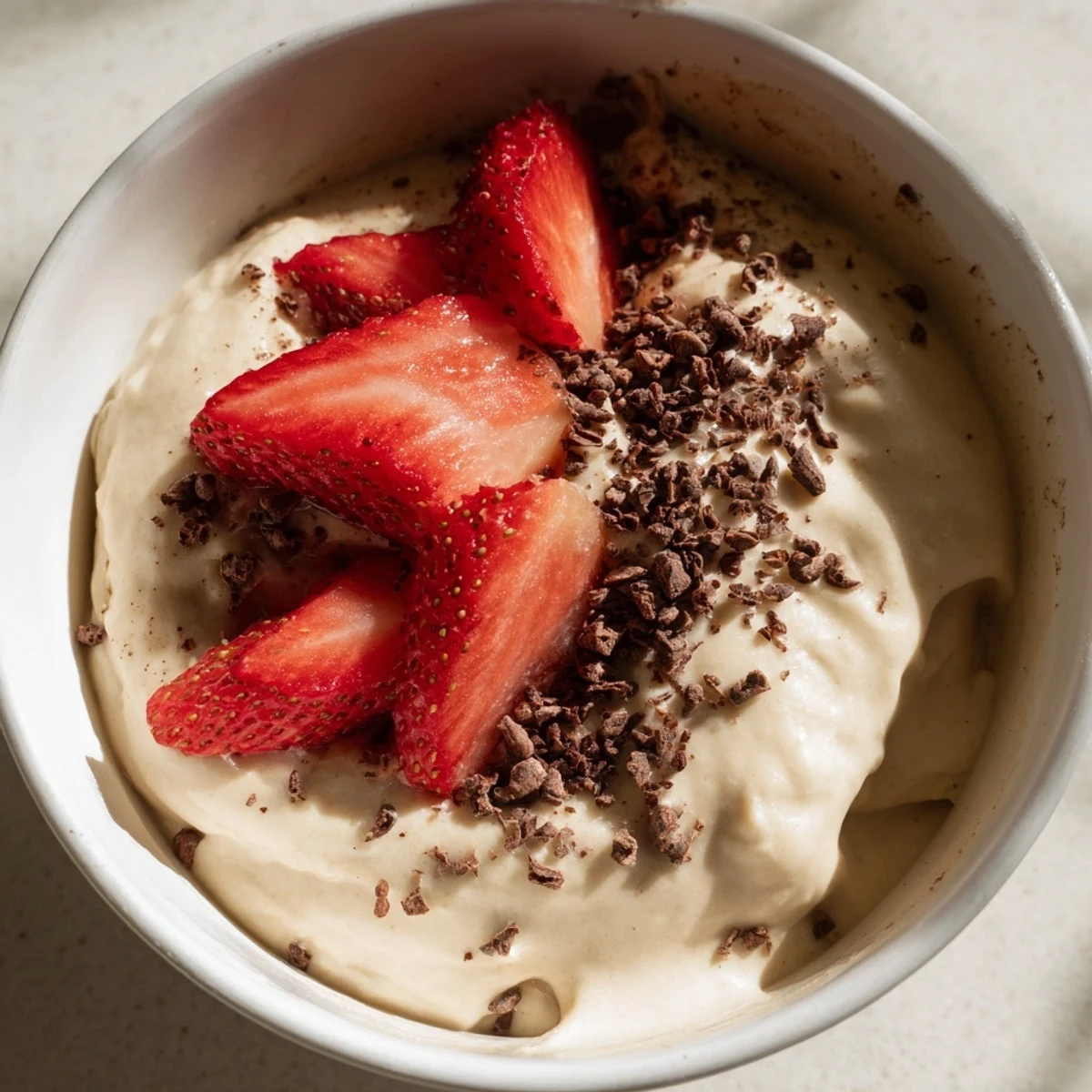 Smooth dairy-free healthy nice cream scooped into bowls with cacao nib sprinkles