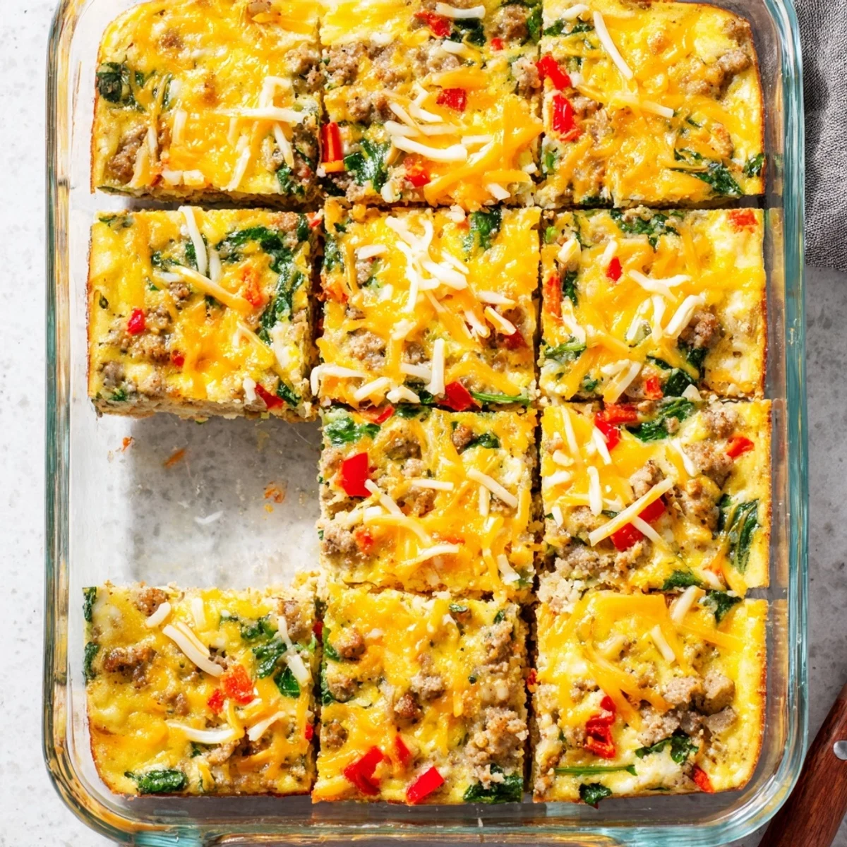 Golden high protein egg casserole with melted cheddar and colorful diced vegetables