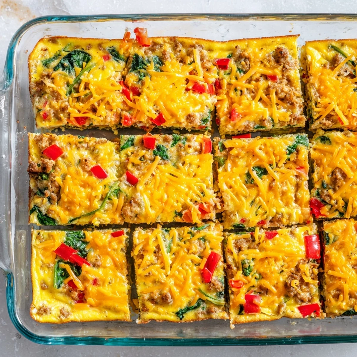 Baked high protein egg casserole topped with melted cheese and fresh bell peppers