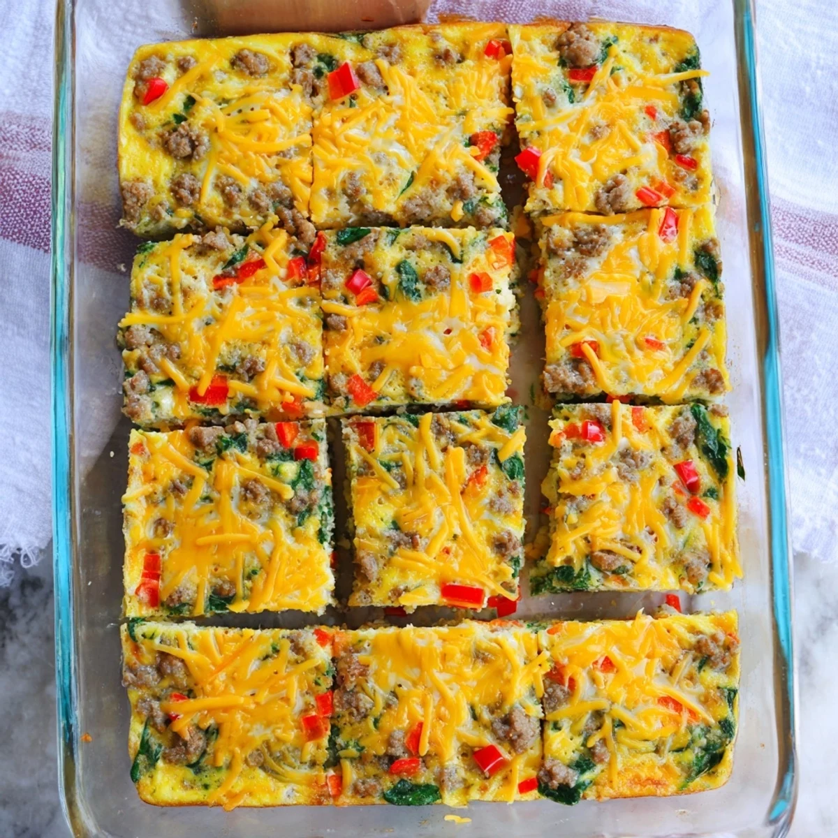 Sliced high protein egg casserole breakfast with turkey sausage and spinach layers