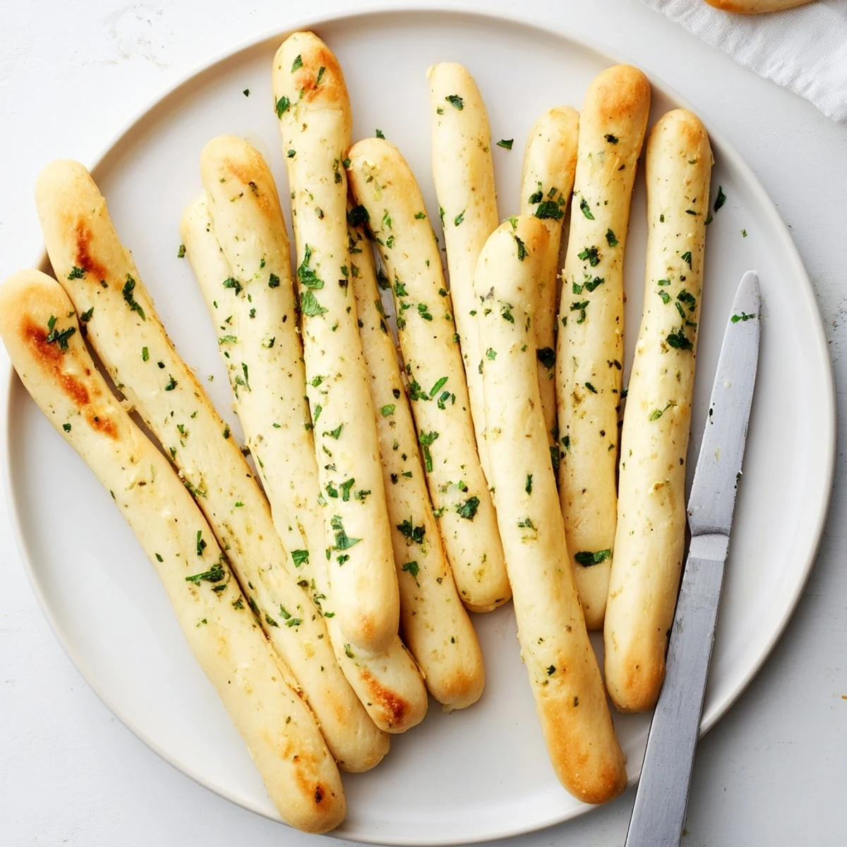 Soft Italian-American garlic breadsticks served warm alongside a bowl of marinara dipping sauce