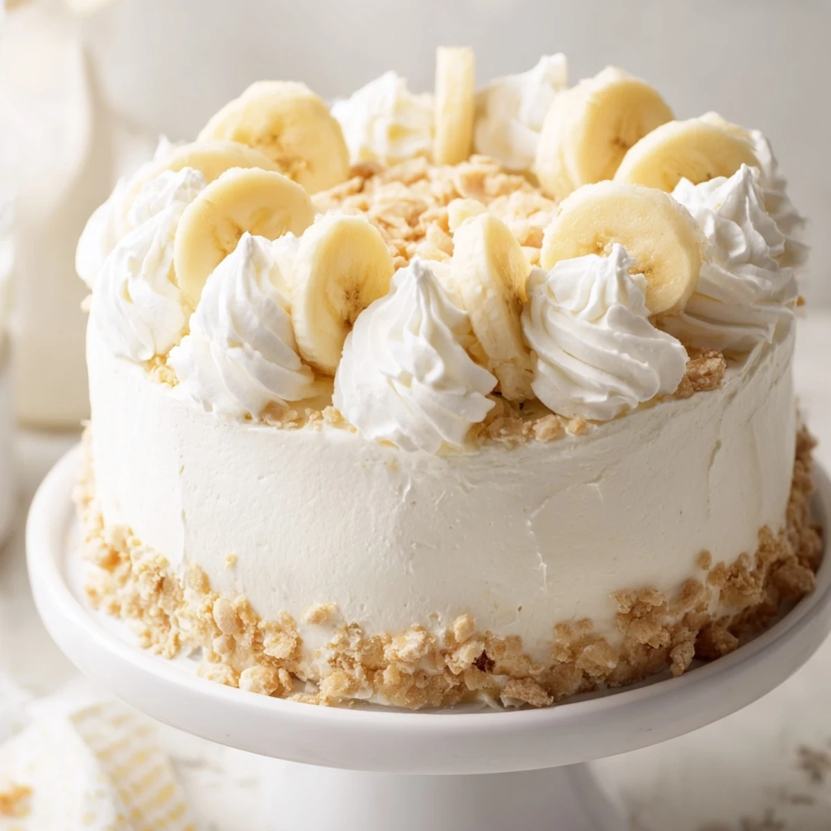 Golden banana pudding cake slice showing layered vanilla filling and fresh banana slices between moist yellow cake layers