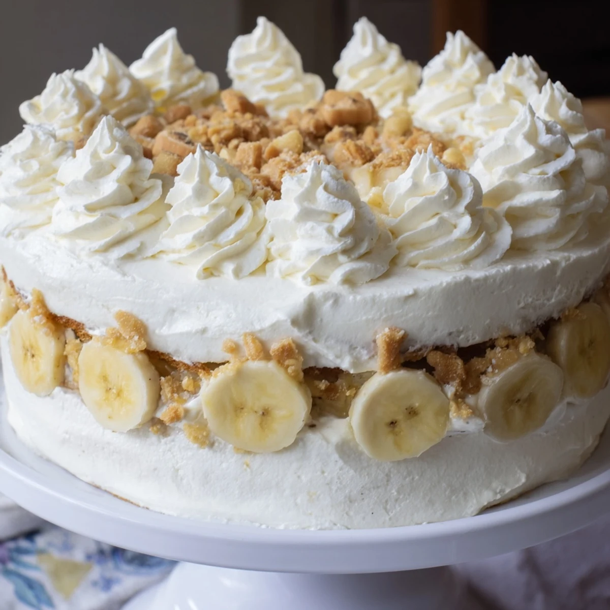 Luscious layered banana pudding cake displaying creamy vanilla pudding filling topped with whipped cream and fresh banana garnish
