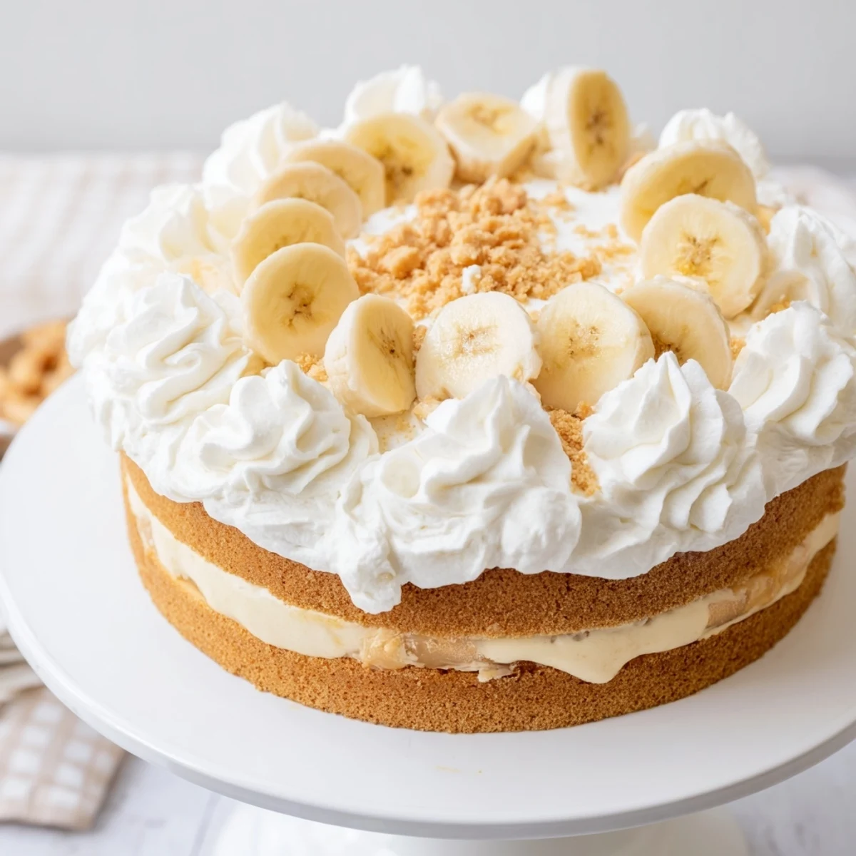 Homemade banana pudding cake topped with fluffy whipped cream and scattered vanilla wafer crumbs on a white serving plate