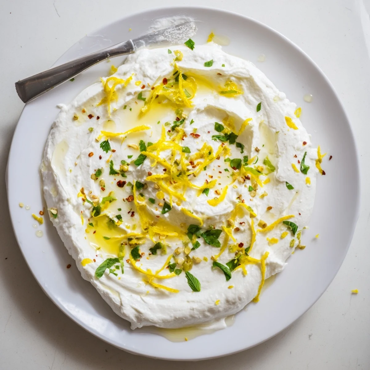 Fluffy whipped ricotta spread drizzled with honey and olive oil alongside toasted baguette slices