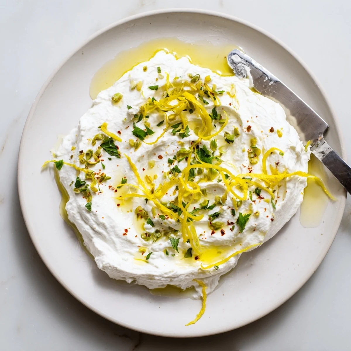 Smooth whipped ricotta cheese garnished with lemon zest and red pepper flakes in white serving bowl