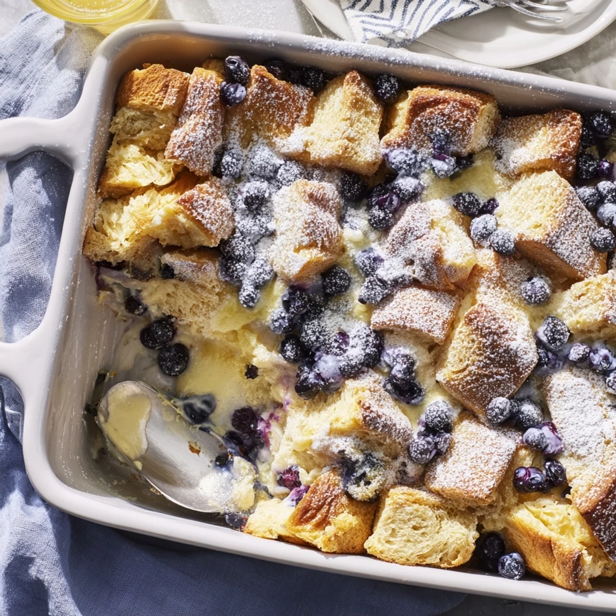 Golden blueberry cream cheese croissant casserole with juicy baked berries and powdered sugar topping