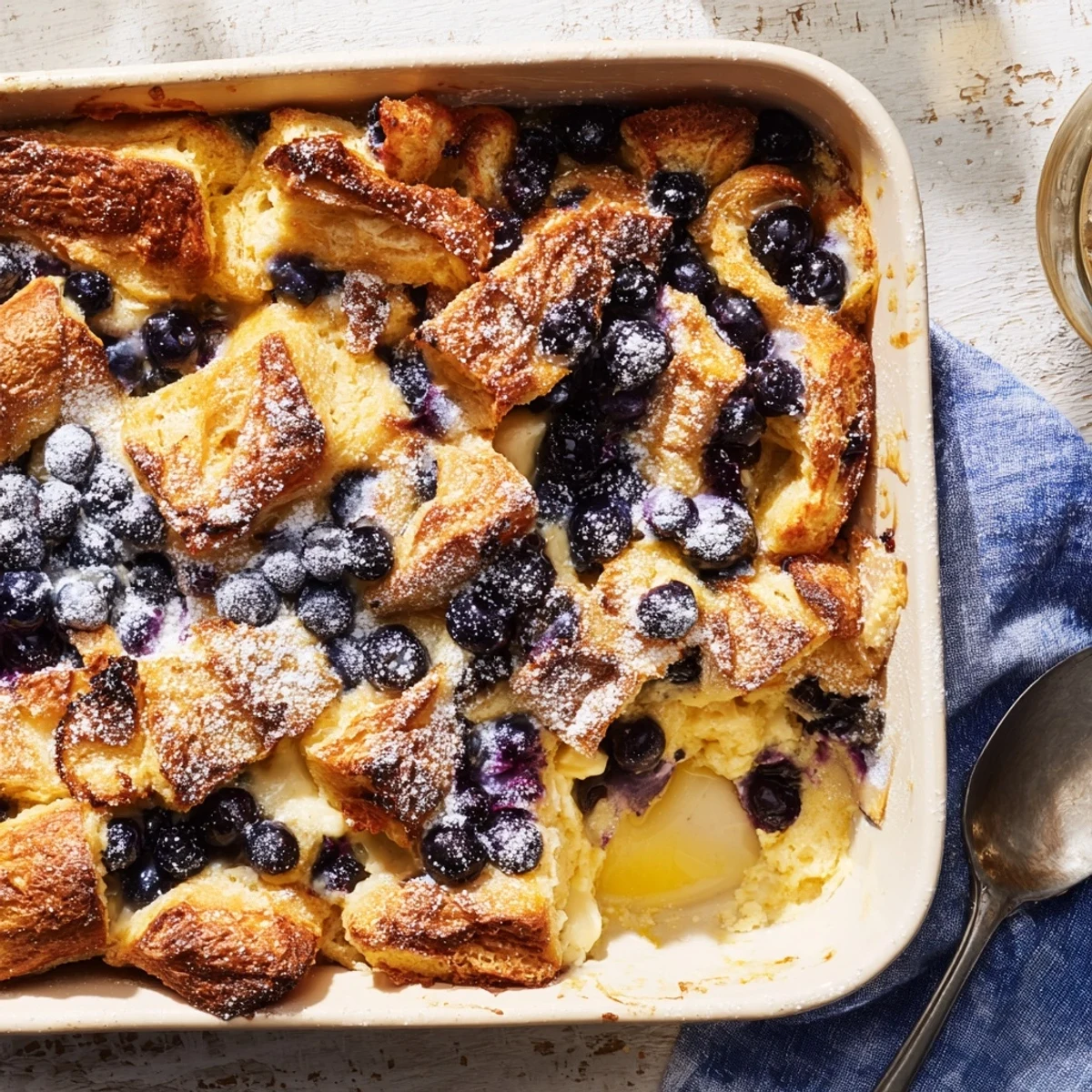 Buttery croissant breakfast bake layered with sweet cream cheese and bursting fresh blueberries