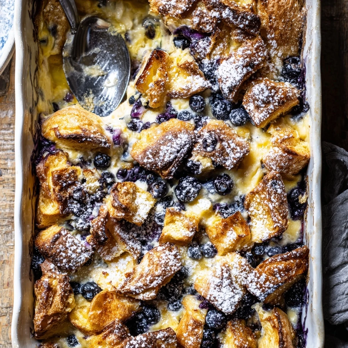 Warm blueberry cream cheese croissant casserole served with maple syrup for a decadent brunch