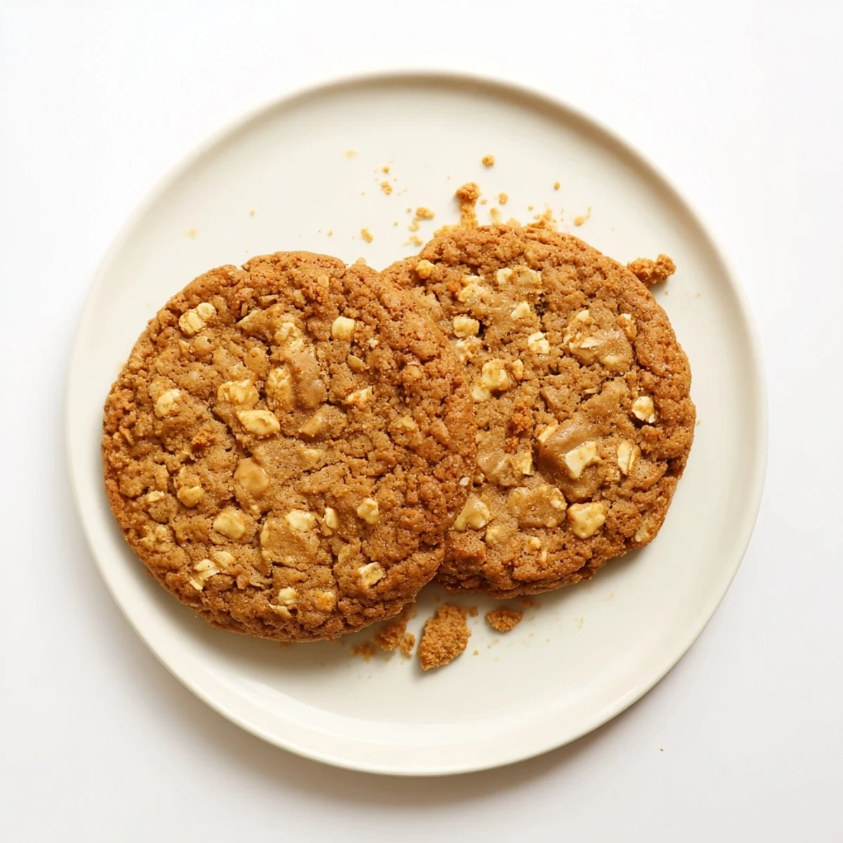 Golden brown Biscoff oatmeal Lotus cookies stacked on a wire cooling rack, featuring chunks of caramelized biscuits