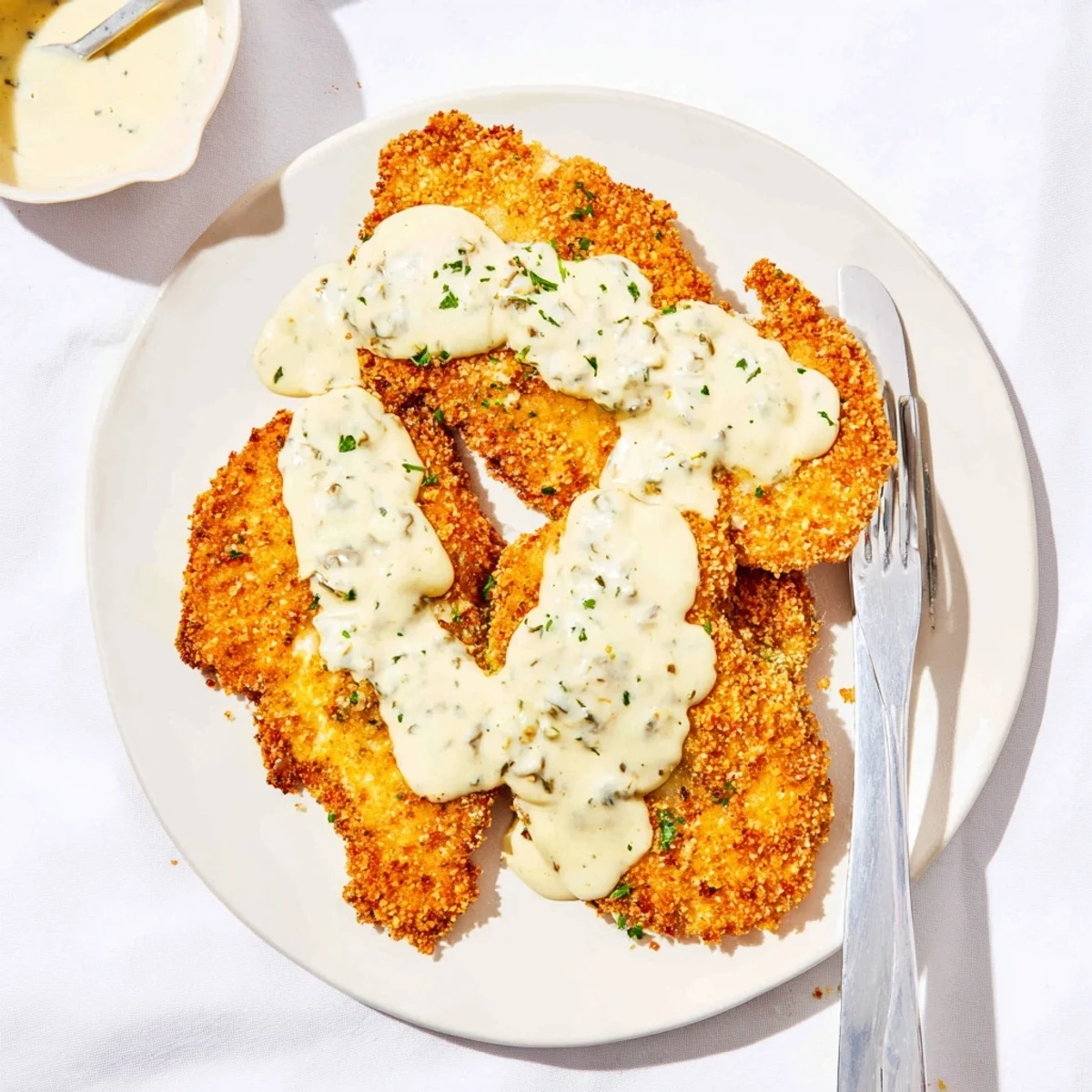 Golden crispy chicken breasts drizzled with velvety white sauce and garnished with fresh parsley